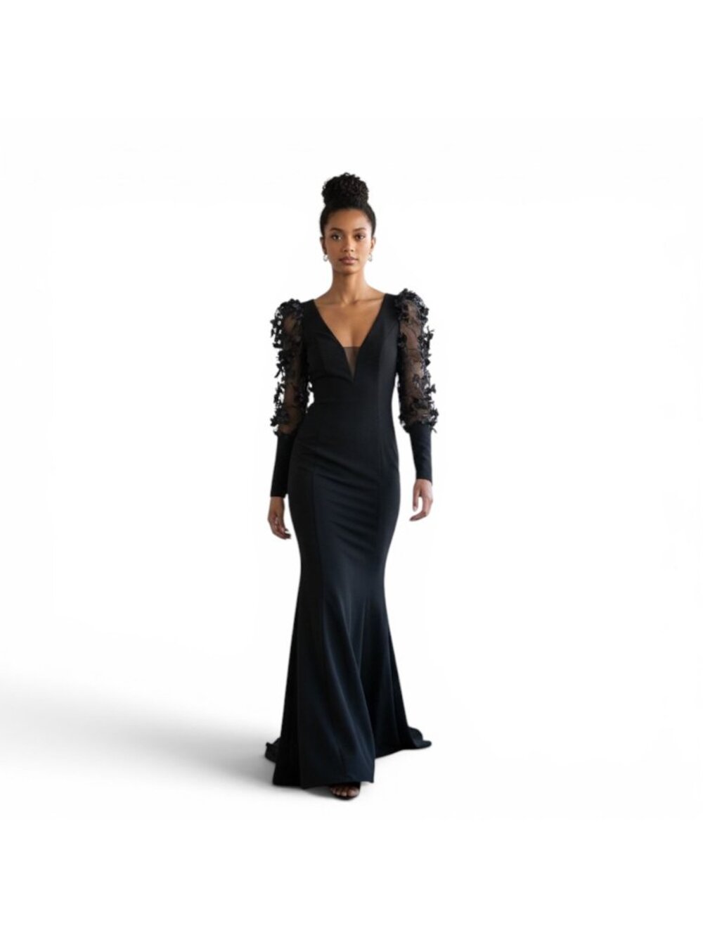 Alisa Black Evening Gown Mermaid Sheer Embroidered Sleeves Dress XS